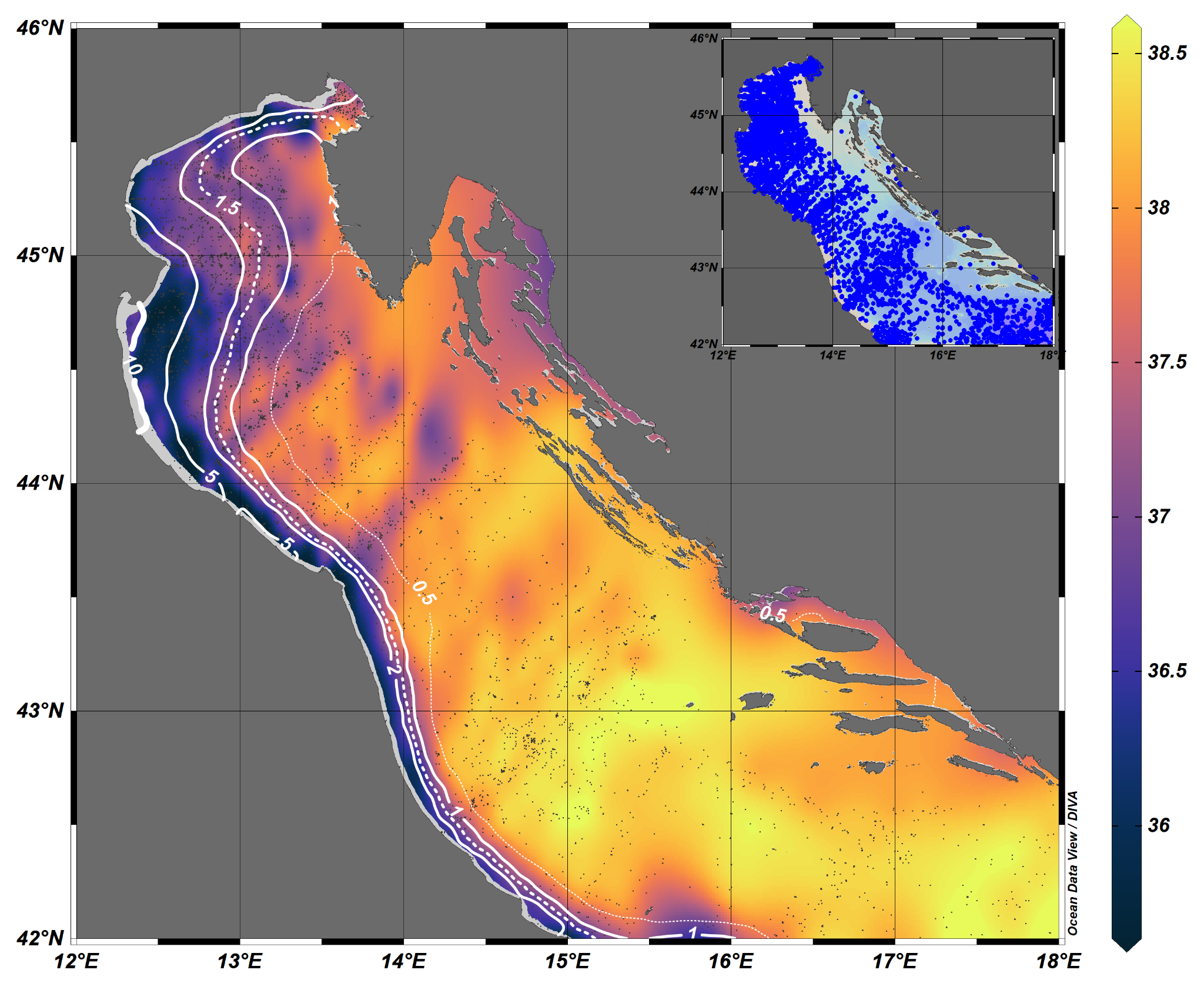 Contours of surfacewater Chorophyll-a concentrations determined by satellite sensors
overlain on color-shaded salinity at 10 m depth
