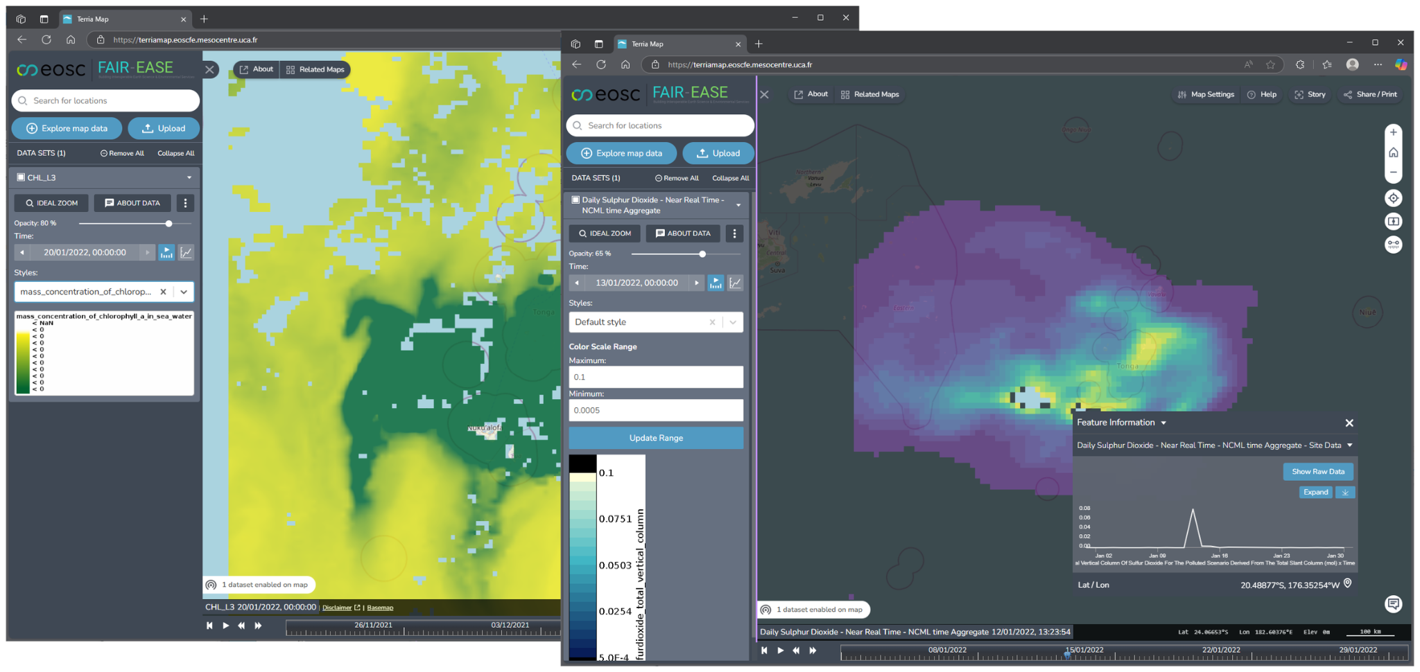 Terriamap displaying CMEMS Chlorophyll data from Examind and SO2 data from Thredds