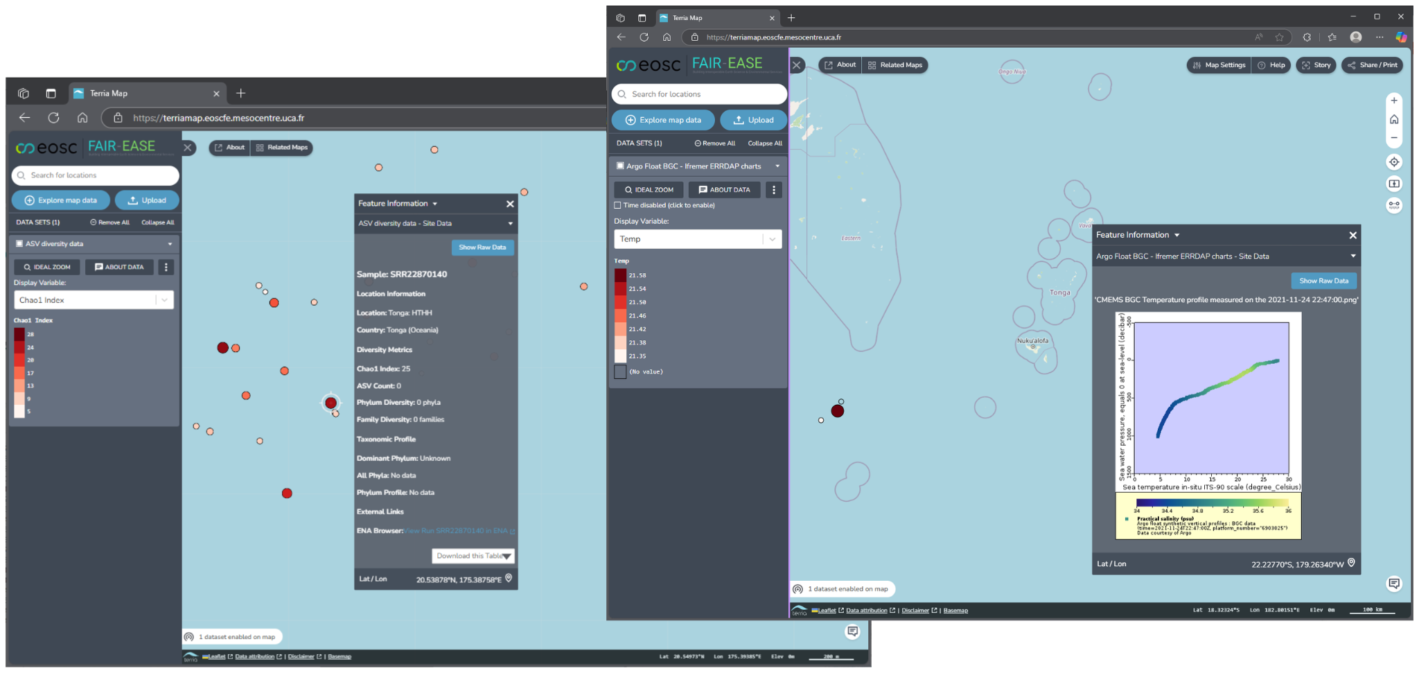Terriamap displaying OMICs metadata and ARGO profile data from ERDDAP