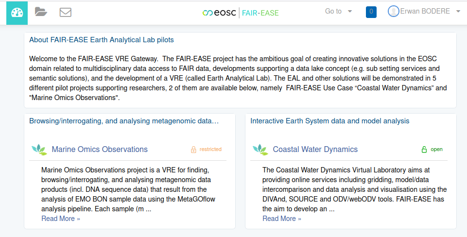 FAIR-EASE VRE home page on D4Science